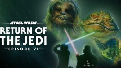 Return of the Jedi poster with Chewbacca, Jabba, Yoda, and lightsaber duel—perfect decor for Star Wars fans at Disney parks.