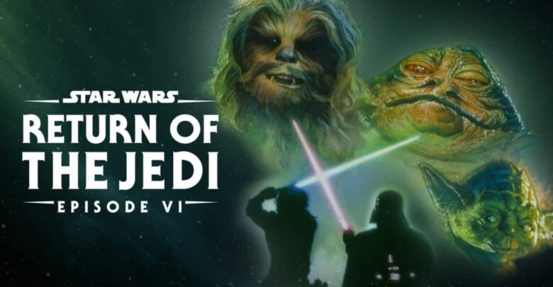 Return of the Jedi poster with Chewbacca, Jabba, Yoda, and lightsaber duel—perfect decor for Star Wars fans at Disney parks.