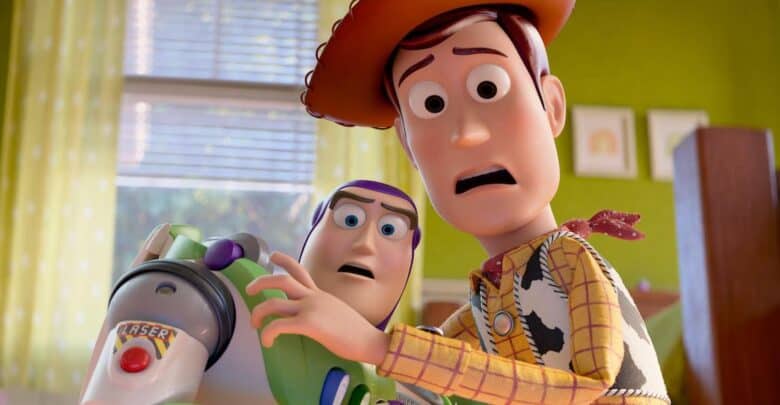 Woody and Buzz Lightyear appear amazed inside a vibrant, Toy Story-themed room like one at Disney's Hollywood Studios.