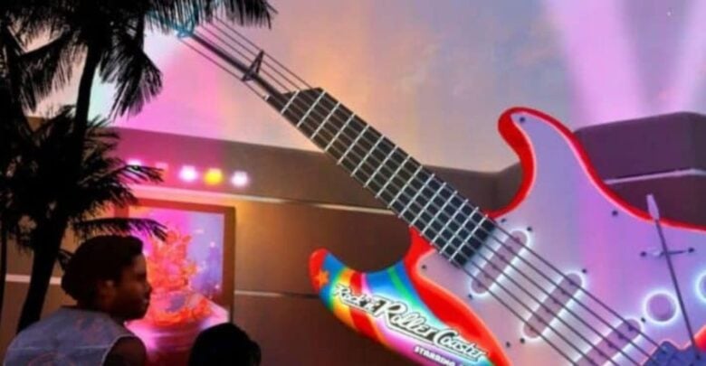 Fans gather by the giant, glowing guitar sculpture at Disney, celebrating the debut of Muppet Rock 'n' Roller Coaster under palm trees.