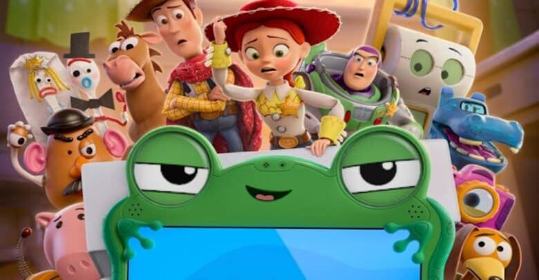 Woody, Jessie, and Buzz Lightyear pose with fans behind a green frog easel at Pixar Pier, celebrating their movie’s release.