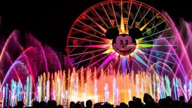 The Water Spectacular at Disneyland dazzles as Mickey’s Ferris wheel and vibrant fountains light up the night after 15 months away.