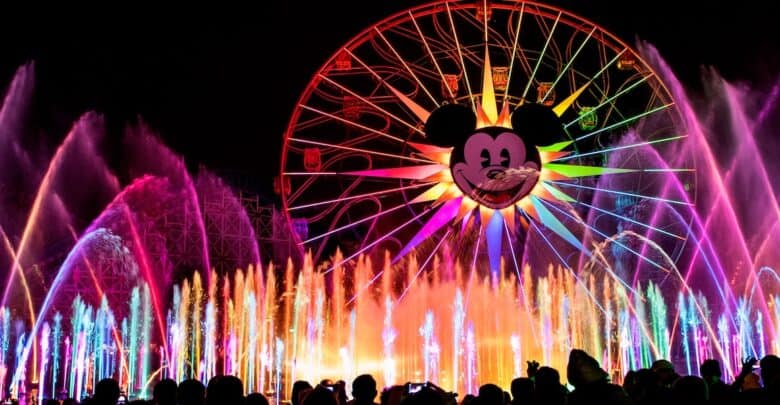 The Water Spectacular at Disneyland dazzles as Mickey’s Ferris wheel and vibrant fountains light up the night after 15 months away.