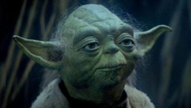 Yoda from Star Wars gazes ahead with wisdom in his eyes, surrounded by a dimly lit, forest-themed area evocative of the immersive settings found in a Star Wars attraction.