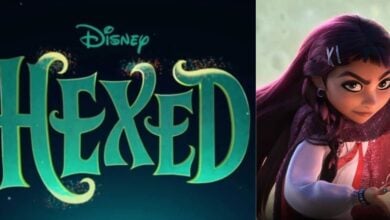 Disney HEXED logo alongside a magical animated girl with dark hair conjuring a glowing spell, evoking the captivating atmosphere of new adventures unveiled at D23.