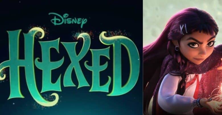 Disney HEXED logo alongside a magical animated girl with dark hair conjuring a glowing spell, evoking the captivating atmosphere of new adventures unveiled at D23.