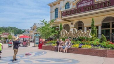 Fans gather in front of the iconic Dollywood sign, framed by vibrant flower beds and the park’s signature theater, capturing memories that honor Dolly Parton’s legendary influence at her celebrated theme park.