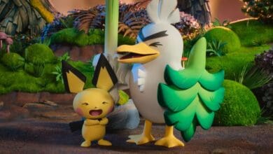 Pichu beams energetically next to Farfetch’d, who holds a leek, as they bring the enchanting atmosphere of a Disney-Pokémon crossover garden to life—inviting guests into a vibrant world where magical friendships blossom.