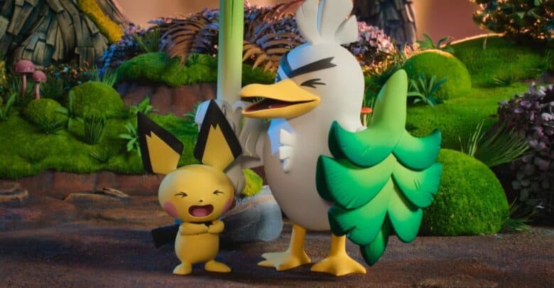 Pichu beams energetically next to Farfetch’d, who holds a leek, as they bring the enchanting atmosphere of a Disney-Pokémon crossover garden to life—inviting guests into a vibrant world where magical friendships blossom.
