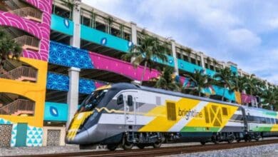 A Brightline train glides past colorful murals and swaying palm trees under the sun, kicking off Disney visitors’ adventure with a vibrant cityscape before they reach the magic.