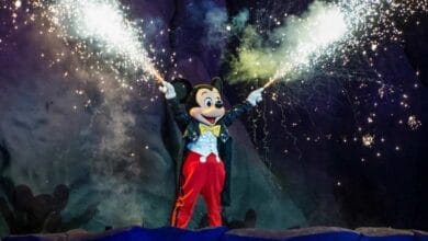 Mickey Mouse performs amidst fireworks during the Fantasmic! show at Disney’s Hollywood Studios in Disney World.