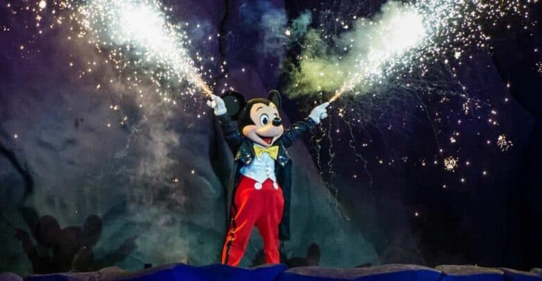 Mickey Mouse performs amidst fireworks during the Fantasmic! show at Disney’s Hollywood Studios in Disney World.