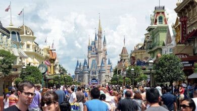 Cinderella Castle at Magic Kingdom as seen from Main Street, U.S.A. with a Disney bus arriving at the station.