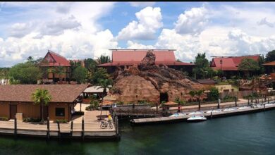 Disney’s Polynesian Village Resort overlooking the Seven Seas Lagoon at Disney World.