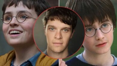 Toby Woolf centered between two images of Harry Potter, hinting at new casting for the Wizarding World.