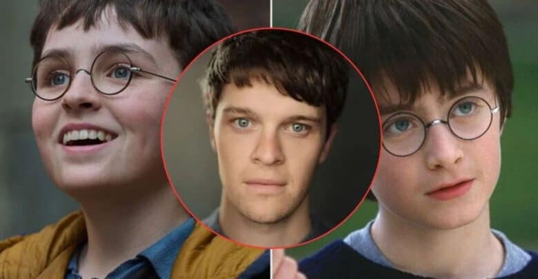 Toby Woolf centered between two images of Harry Potter, hinting at new casting for the Wizarding World.