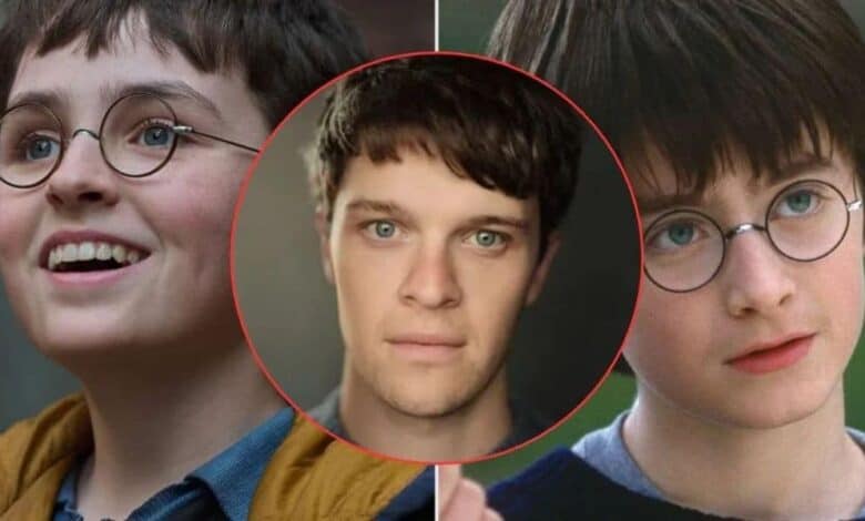 Harry Potter characters surrounding Joshua Pickering in a Wizarding World of Harry Potter tribute.