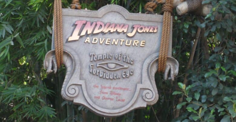 The Indiana Jones Adventure: Temple of the Forbidden Eye sign at Disneyland, a popular rope drop destination.