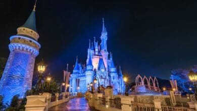 Cinderella Castle glowing at night in Magic Kingdom, which has varying operating hours.