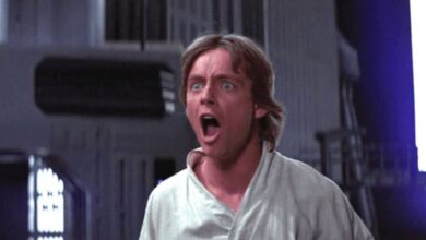 Luke Skywalker with a shocked expression, recreating a scene from Star Wars: Galaxy’s Edge.