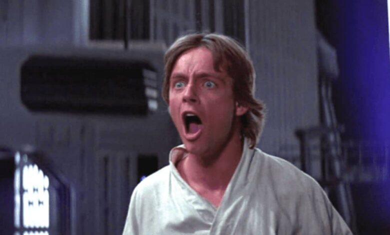 Luke Skywalker with a shocked expression, recreating a scene from Star Wars: Galaxy’s Edge.