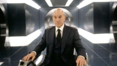 Captain Jean-Luc Picard in the command chair on the USS Enterprise bridge, reimagined in the cinematic style of Avengers: Doomsday.