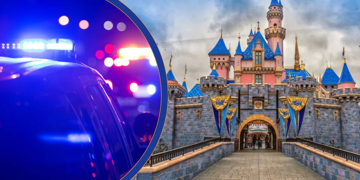 Anaheim police lights reflect over Sleeping Beauty Castle at Disneyland.