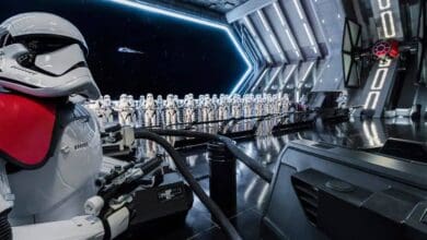 First Order Stormtroopers inside a Star Destroyer hangar at Star Wars: Rise of the Resistance.