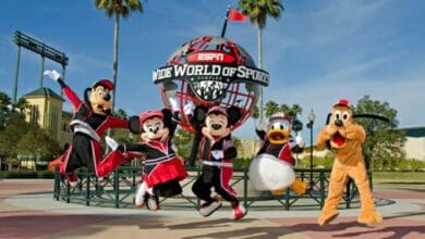 Mickey, Minnie, Donald, Goofy, and Pluto jump for joy in front of the ESPN Wide World of Sports globe at Disney World.