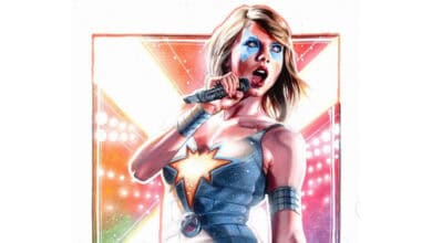 Taylor Swift as Dazzler performing live at a concert.
