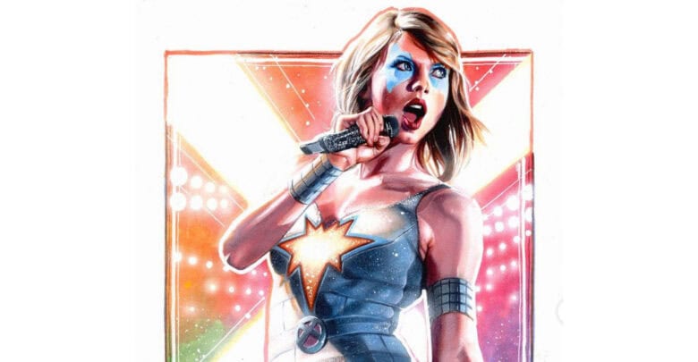 Taylor Swift as Dazzler performing live at a concert.