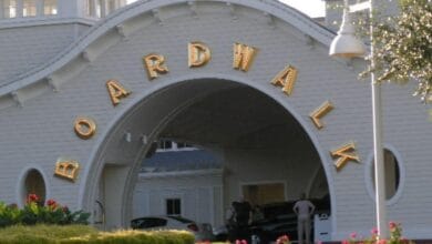 Illuminated “BOARDWALK” entrance archway at Disney’s BoardWalk, located near the Atlantic Dance Hall.