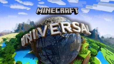 Minecraft and Universal logos overlay a Minecraft hotel-themed digital landscape.