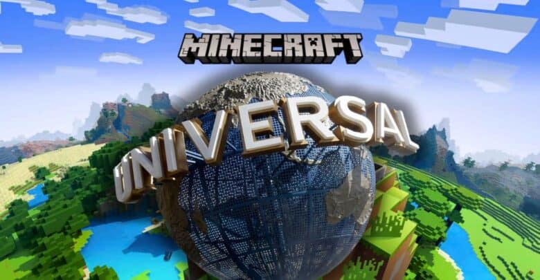 Minecraft and Universal logos overlay a Minecraft hotel-themed digital landscape.