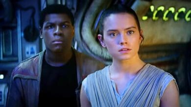Finn and Rey in the Millennium Falcon cockpit at Star Wars: Galaxy’s Edge.