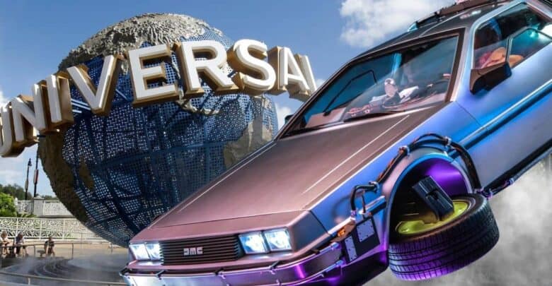 The DeLorean time machine flying in front of the Universal Orlando globe.