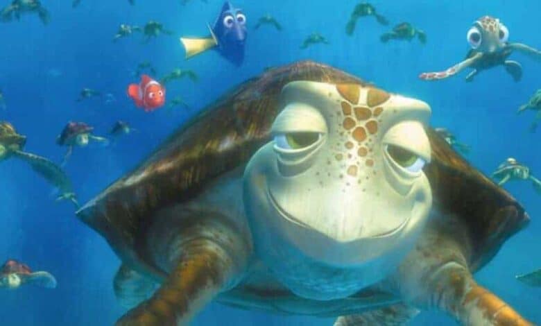 Crush, Nemo, Dory, and Squirt from Finding Nemo swimming in the ocean.