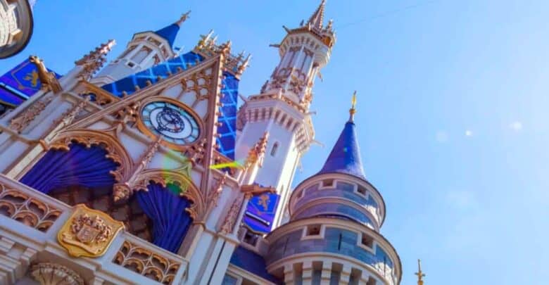 Cinderella Castle towering over the Magic Kingdom ferry boat landing.
