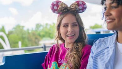 Two women smiling while riding the Tomorrowland PeopleMover at Magic Kingdom.