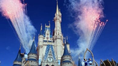 Fireworks light up Cinderella Castle at Disney World with Mickey and Minnie Mouse in the foreground.