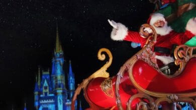Santa Claus waving from his sleigh in front of Cinderella Castle at Magic Kingdom.