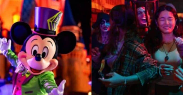 Mickey Mouse in his Halloween costume dancing with guests at a Disney Halloween party.