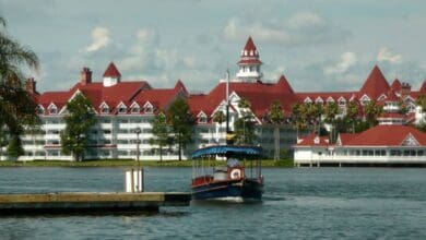 A water launch approaching Disney’s Grand Floridian Resort at Walt Disney World.