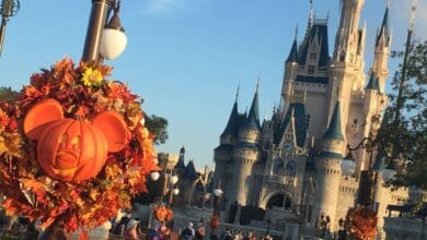 A Mickey Mouse pumpkin wreath hangs in front of Cinderella Castle for Magic Kingdom news.