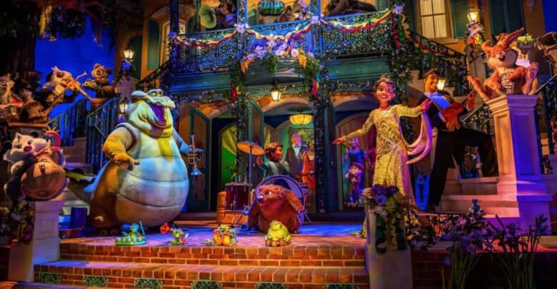 Tiana, Louis, and other characters performing music at Tiana’s Bayou Adventure at Disney World.