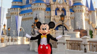 Mickey Mouse posing in front of Cinderella Castle at Disney World for Disney announcements.