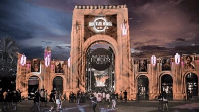 Universal Studios Florida entrance gate decked out for Halloween Horror Nights.