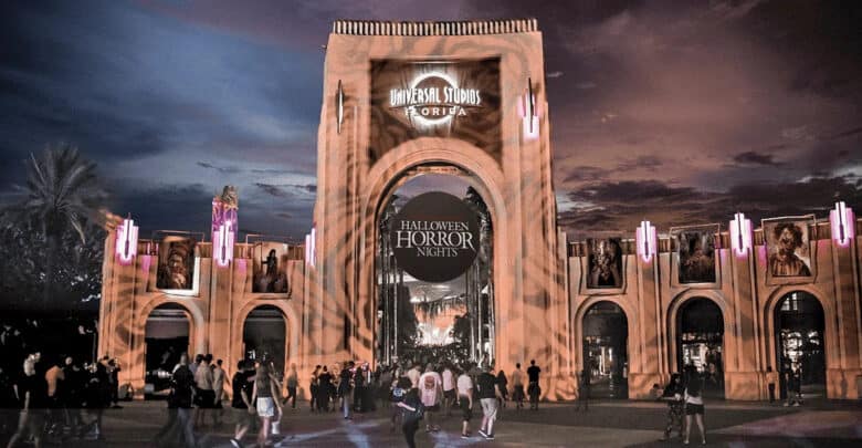 Universal Studios Florida entrance gate decked out for Halloween Horror Nights.