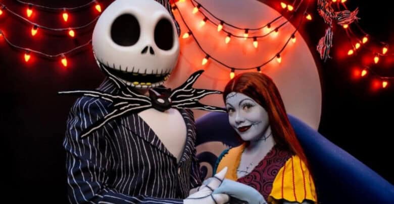 Jack Skellington and Sally watching Halloween fireworks at Disneyland.