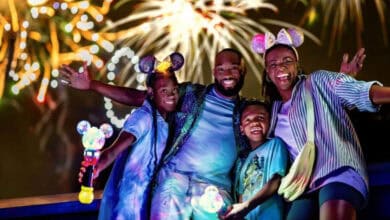 An annual passholder family wears Minnie ears and poses with light-up wands during Disney fireworks.